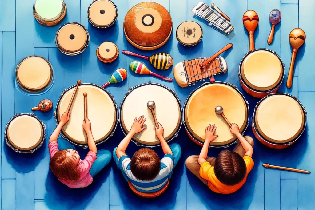 Drei Kinder spielen auf verschiedenen Carl Orff Instrumenten wie Trommeln, Maracas und Xylophon. Die Instrumente sind auf einem blauen Boden arrangiert und fördern die musikalische Früherziehung.