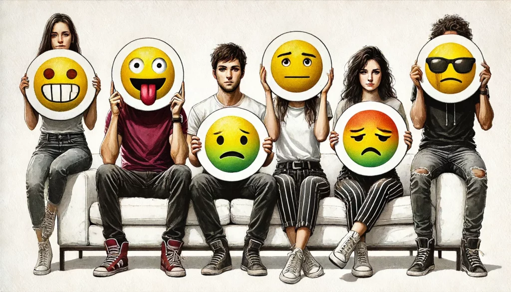 Sechs Jugendliche sitzen nebeneinander auf einem weißen Sofa und halten große runde Emoticons vor ihre Gesichter, die unterschiedliche Emotionen darstellen. Die Emoticons zeigen fröhliche, neutrale, wütende und traurige Ausdrücke. Diese Darstellung ist ein kreativer Weg, um die emotionale Intelligenz bei Kindern und Erwachsenen zu fördern, indem sie die Vielfalt der Emotionen erkunden und ausdrücken können.