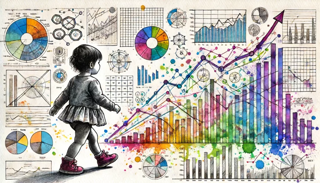 Ein kleines Kind steht vor einer Wand voller farbenfroher Grafiken und Diagramme, die komplexe Daten visualisieren. Die Szene symbolisiert den Vergleich von Entwicklungsverzögerungen und Entwicklungsstörungen bei Kindern, indem sie die Vielfalt und Komplexität der Entwicklung und deren Messung darstellt. Durch die bunte und spielerische Darstellung wird verdeutlicht, wie unterschiedliche Faktoren die Entwicklung eines Kindes beeinflussen können.