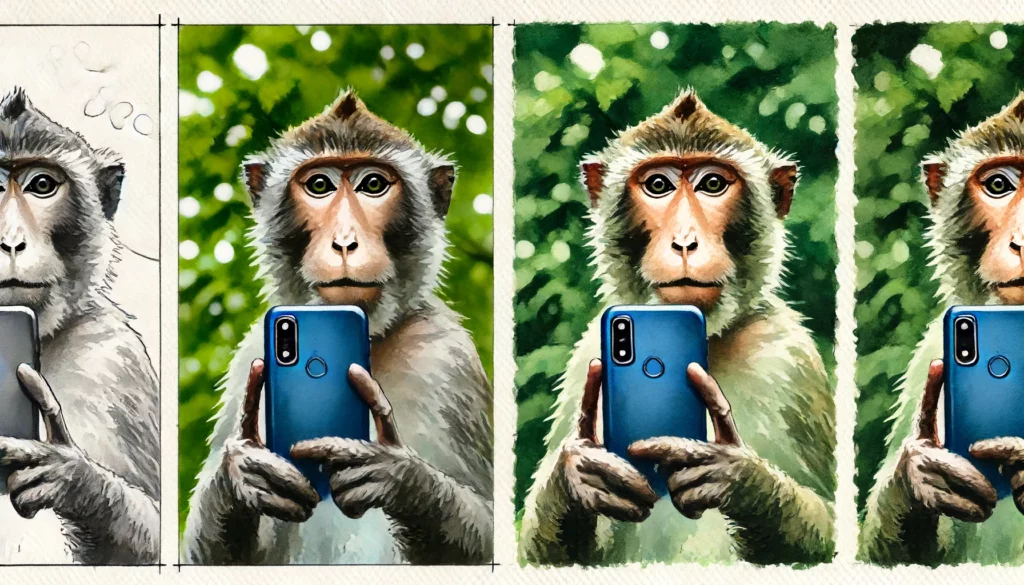 Ein Affe hält ein Smartphone in der Hand und macht ein Selfie, was das Konzept des Imitationslernens illustriert.