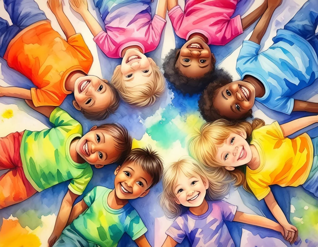 Eine Gruppe fröhlicher Kinder liegt im Kreis auf dem Boden und hält sich an den Händen, alle in bunten T-Shirts gekleidet. Dieses lebendige und farbenfrohe Bild veranschaulicht, wie Kennenlernspiele in der Grundschule Spaß und Gemeinschaftsgefühl fördern.