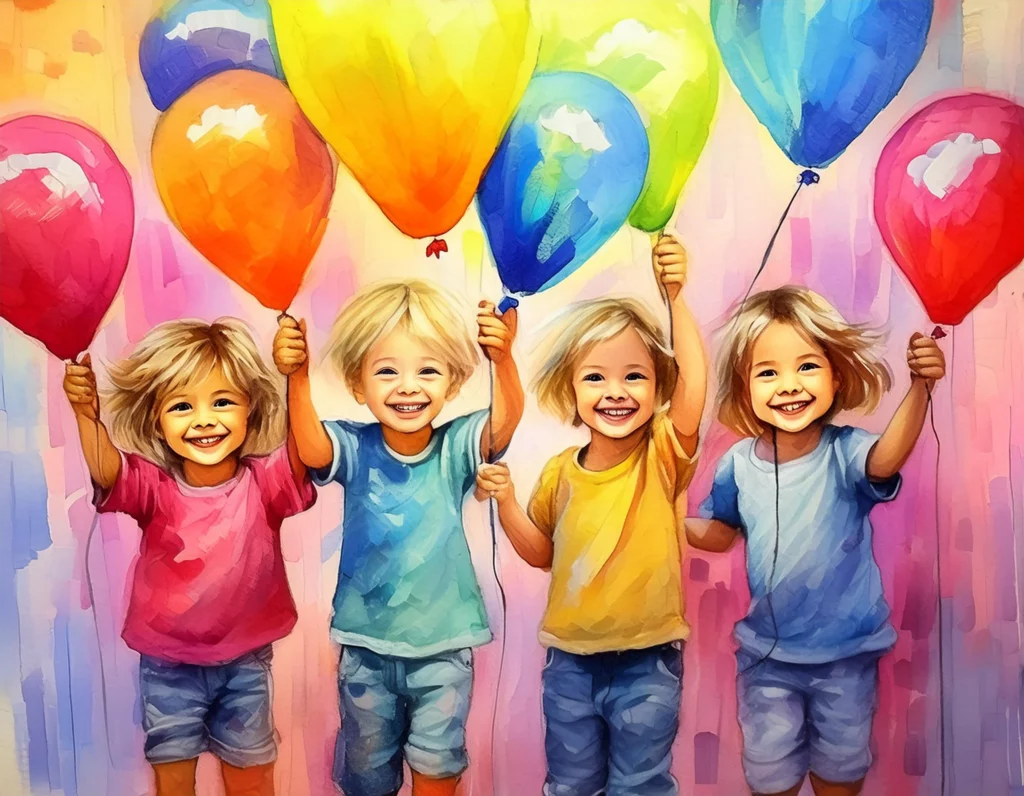 Vier lachende Kinder halten bunte Luftballons in der Hand und strahlen Freude aus. Dieses farbenfrohe, lebendige Bild symbolisiert Kennenlernspiele für Kinder in der Grundschule, die Spaß und Kreativität in der Gruppe fördern.