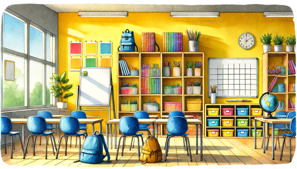 Ein Klassenzimmer im hellen und freundlichen Design mit blauen Stühlen, gelben Wänden, bunten Regalen, Pflanzen und Lernmaterialien, schafft eine inspirierende und beruhigende Lernumgebung für Schüler.