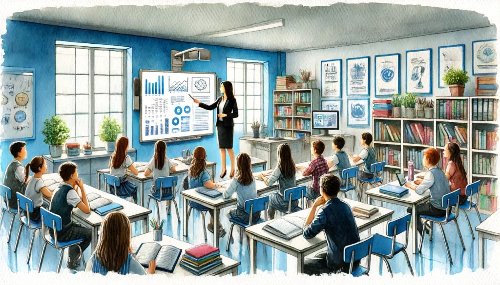 Klassenzimmer eingerichtet für den modernen Unterricht mit interaktiven Whiteboards, einer Computerstation,  ergonomischen Tischen und Stühlen, und umfassender Büchersammlung. Die engagierten Schüler sind umgeben von einer inspirierenden und gut organisierten Lernumgebung.