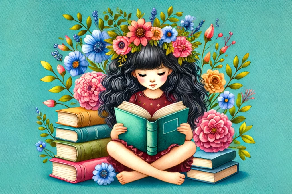 Mädchen mit Blumenkranz liest Buch umgeben von Blumen und Bücherstapeln, symbolhafte Illustration des literarischen Lernens in der Grundschule.