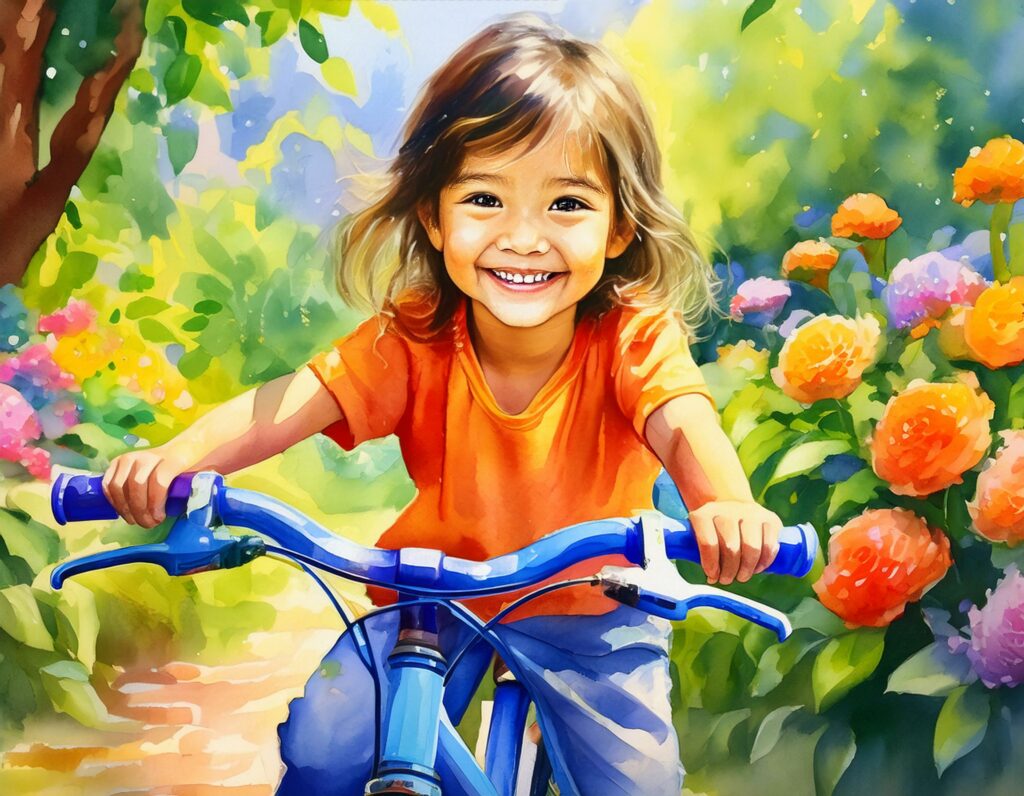 Ein strahlend fröhliches Bild zeigt ein kleines Mädchen, das selbstbewusst auf einem blauen Fahrrad durch einen blühenden Garten fährt. Das Mädchen trägt ein oranges T-Shirt und lacht glücklich in die Kamera, während es den Fahrradlenker festhält. Dieses Bild symbolisiert die motorische Entwicklung von Kindern im Alter von 0 bis 6 Jahren und unterstreicht die Freude und das Selbstvertrauen, das Kinder durch das Erlernen neuer Fähigkeiten wie das Fahrradfahren erleben.