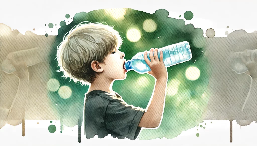 Illustration eines kleinen Jungen mit blonden Haaren, der im Freien aus einer Wasserflasche trinkt. Der grüne, unscharfe Hintergrund lenkt den Fokus auf das Kind. Dieses Bild unterstreicht, wie wichtige Übungen zur Mundmotorik, wie das Trinken aus einer Flasche, die Fähigkeit des Schluckens verbessern können. Eine gut entwickelte Mundmotorik ist entscheidend für ein effektives und sicheres Schlucken, was sowohl für die Ernährung als auch für die Sprachentwicklung von Bedeutung ist.