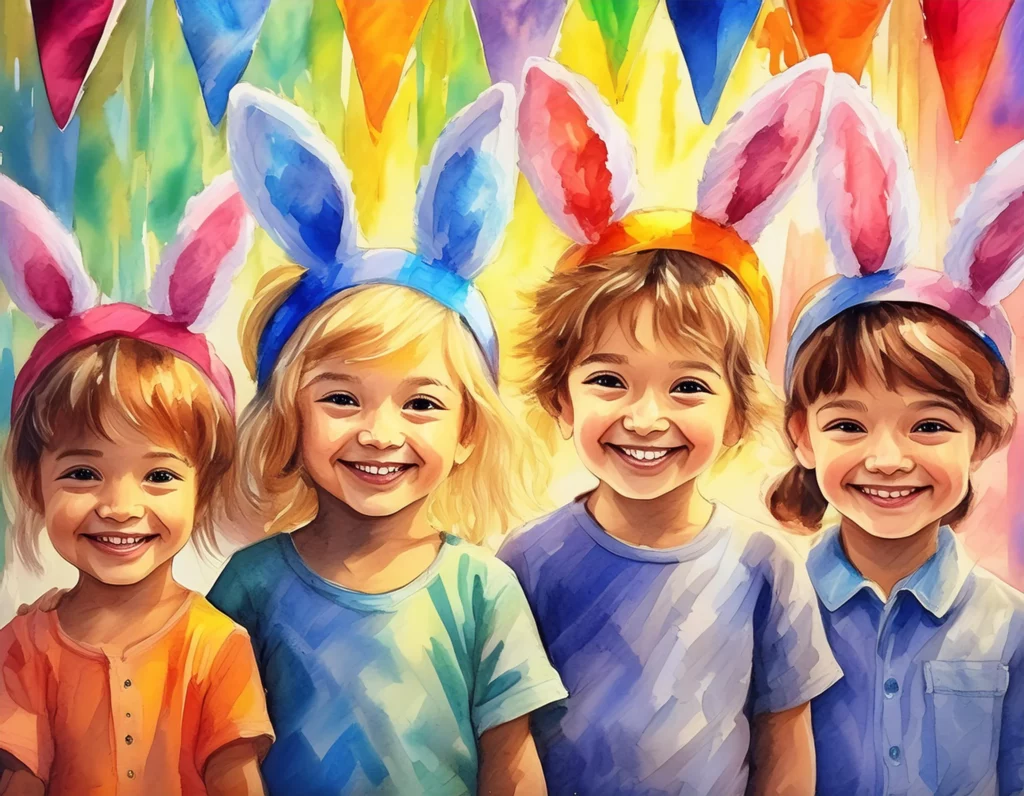 Eine Gruppe von vier lachenden Kindern im Kindergarten, die Osterfeierlichkeiten genießen. Die Kinder tragen bunte Hasenohren und stehen vor einer fröhlich dekorierten Kulisse mit farbenfrohen Wimpeln. Dieses Bild fängt die Freude und den Spaß eines Osterfestes im Kindergarten ein.