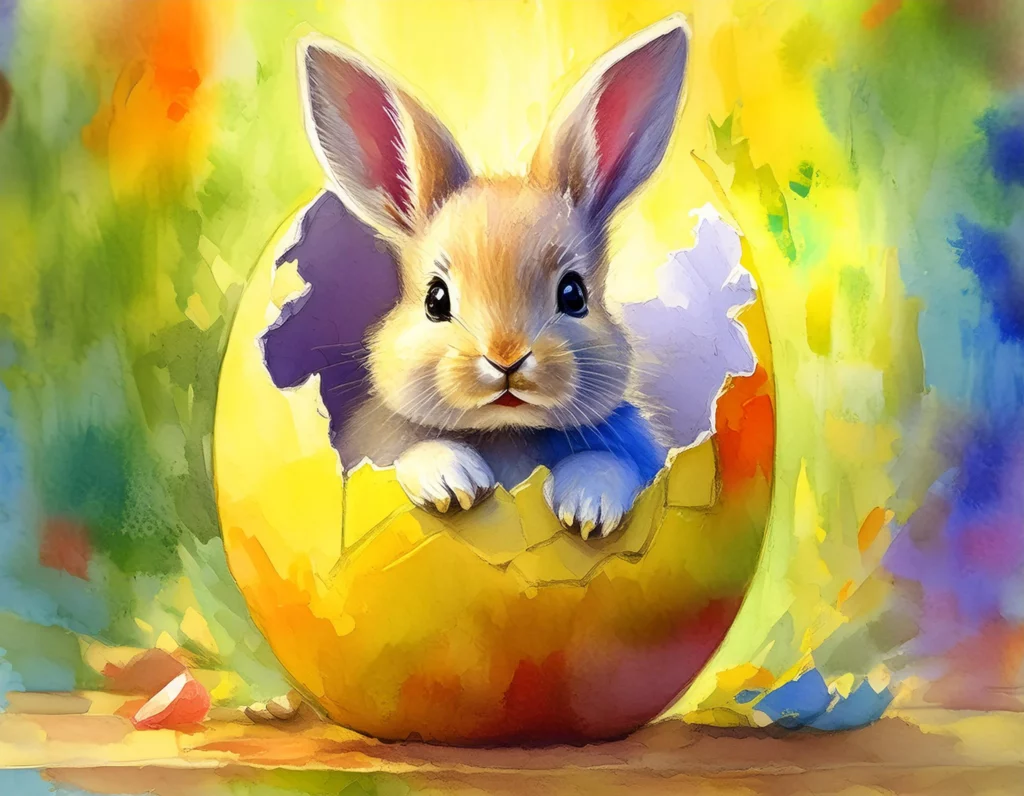 Ein entzückender kleiner Osterhase schlüpft aus einem farbenfrohen Osterei vor einer lebhaften und bunten Kulisse. Das Bild fängt die Freude und Symbole von Ostern ein. Ein ideales Bild, um religiöse Themen rund um Ostern kindgerecht zu vermitteln.