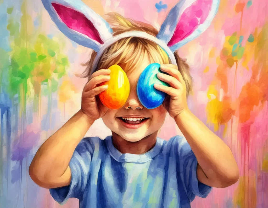 Ein fröhliches Kind im Kindergarten trägt ein Stirnband mit Hasenohren und hält zwei bunte Ostereier vor seine Augen. Die lebhafte und bunte Kulisse verstärkt die festliche Atmosphäre. Das Bild symbolisiert die Freude und den Spaß, die Kinder bei der Eiersuche im Kindergarten erleben.