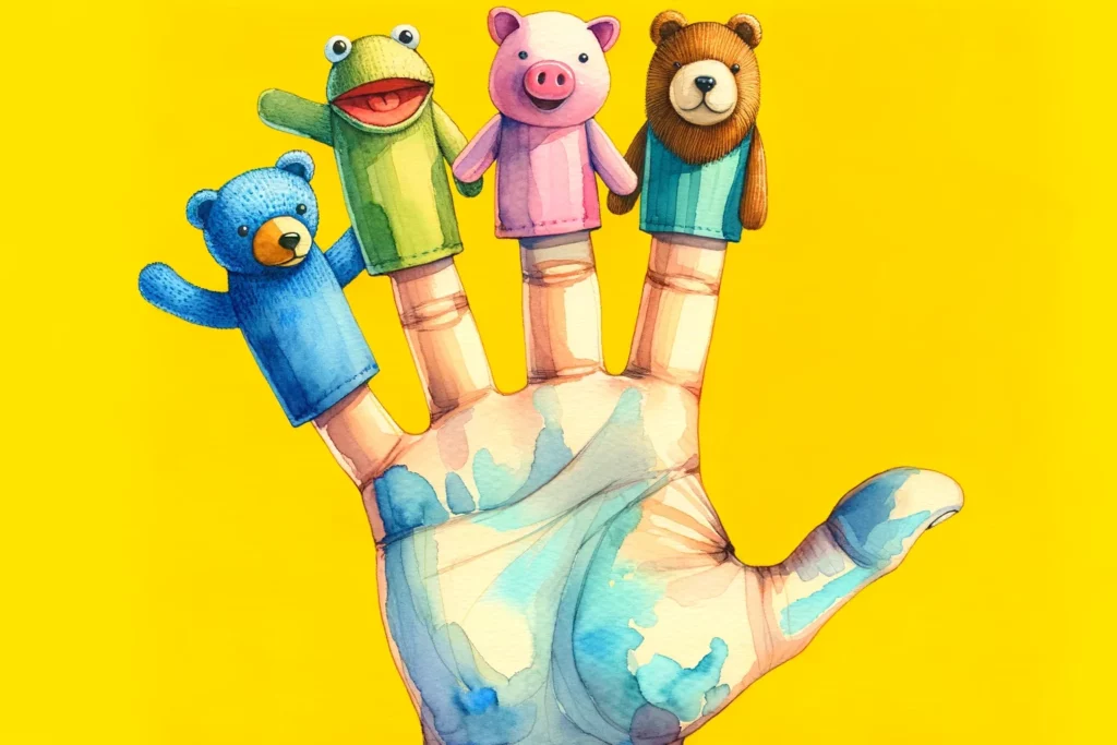 Bunte Illustration eines Fingerpuppenspiels im Kindergarten. Eine Hand hält vier Fingerpuppen, jede in leuchtenden Farben: ein blauer Bär, ein grüner Frosch, ein rosa Schwein und ein brauner Bär. Der Hintergrund ist sonnig gelb, was eine fröhliche und kindgerechte Atmosphäre vermittelt. Ideal für kreative Spiele und interaktive Geschichten im Kindergarten.