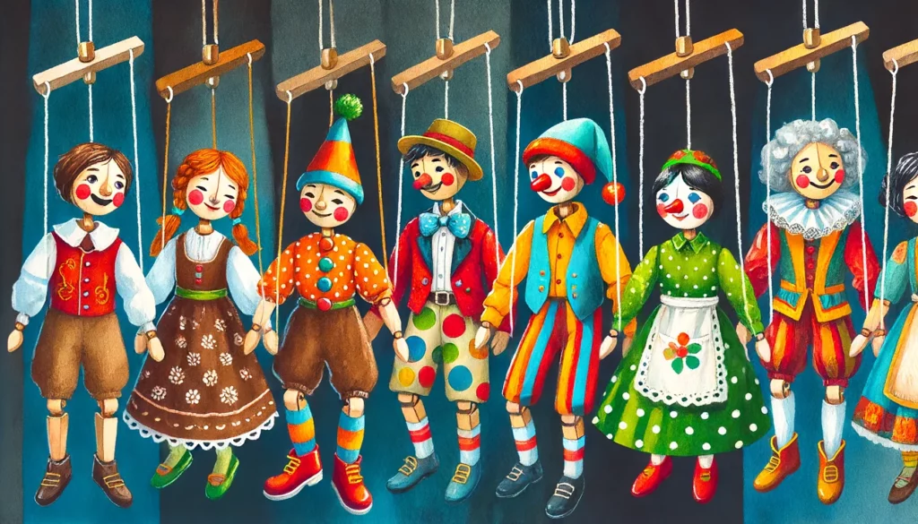 Farbenfrohe Illustration eines traditionellen Marionettenspiels im Kindergarten. Acht Marionetten sind in bunter Kleidung gekleidet: zwei in traditioneller bayerischer Tracht, zwei Clowns in bunten Outfits, und vier weitere Puppen in unterschiedlichen historischen und volkstümlichen Kostümen. Jede Marionette hängt an Fäden und zeigt fröhliche Gesichter mit großen roten Wangen. Der Hintergrund ist dunkelblau, was die farbenfrohen Figuren hervorhebt und eine nostalgische Atmosphäre schafft.