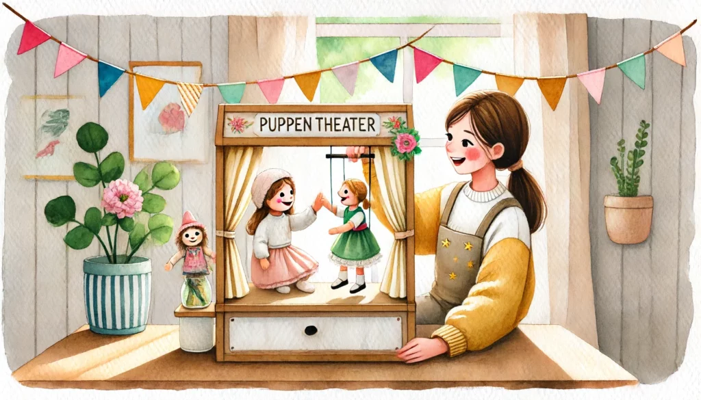 Illustration eines Puppentheaters im Kindergarten. Ein Kind spielt mit zwei Marionetten in traditioneller Kleidung auf einer kleinen Bühne mit dem Schild 'Puppentheater'. Die Szene ist in einem hellen, gemütlichen Raum mit bunten Wimpeln und einer Topfpflanze dekoriert. Die Marionetten sind ein Mädchen in einem rosa Kleid und eine Figur in einem grünen Kleid. Im Hintergrund sind kindgerechte Kunstwerke und ein Fenster zu sehen, das natürliches Licht hereinlässt. Das Bild vermittelt eine warme und kreative Atmosphäre, ideal für ein Puppenspiel im Kindergarten.