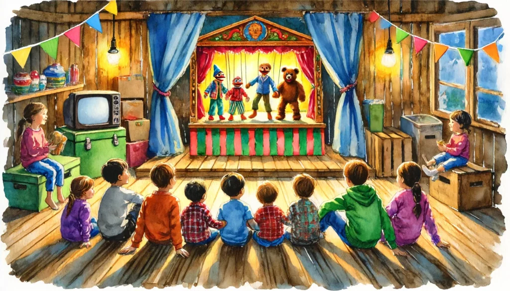 Illustration eines Puppenspiels im Kindergarten. Kinder sitzen gespannt in einer rustikalen Holzhütte und schauen auf eine Bühne, auf der vier Marionetten auftreten: zwei Clowns, ein Mann und ein Bär. Die Bühne ist bunt dekoriert mit roten und grünen Streifen sowie blauen Vorhängen. Im Raum hängen bunte Wimpelketten und es stehen Spielzeug und ein alter Fernseher in der Ecke. Das Bild strahlt eine warme und gemütliche Atmosphäre aus.