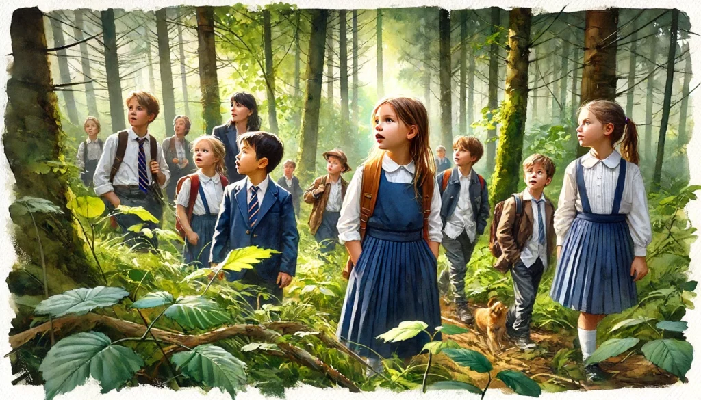 Illustration von Schülern der Schetinin-Schule, die in Schuluniformen einen Wald erkunden, begleitet von einer Lehrkraft. Das Bild visualisiert  nationalistische Tendenzen der  Schetinin-Schule.