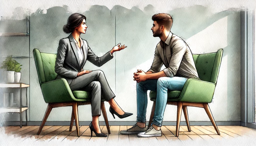 Illustration eines sokratischen Dialogs zwischen einer Frau in einem Anzug und einem Mann in Freizeitkleidung. Beide sitzen in grünen Sesseln und führen ein Coaching in einem modernen Raum. Das Bild zeigt die Anwendung der sokratischen Methode zur Selbstreflexion und Erkenntnisgewinn.