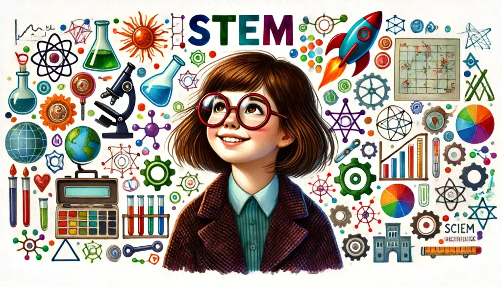 Eine farbenfrohe Illustration zeigt ein lächelndes Mädchen mit braunen Haaren und großen, runden Brillen. Um sie herum sind zahlreiche Symbole und Werkzeuge aus den STEM-Fächern (Science, Technology, Engineering, Mathematics) dargestellt, darunter Atome, Mikroskope, Erlenmeyerkolben, Zahnräder, Raketen und Diagramme. Die Grafik vermittelt die Begeisterung und Neugierde für naturwissenschaftliche und technische Disziplinen.