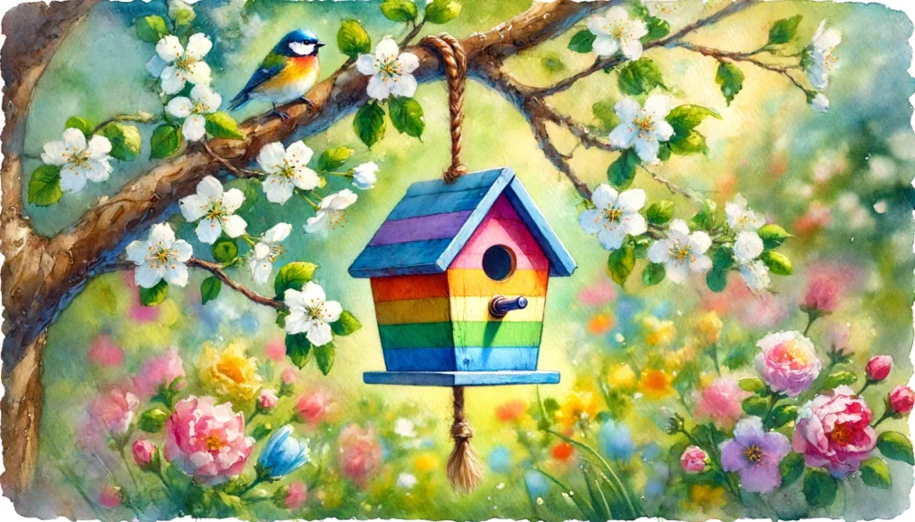 Ein buntes, selbstgebautes Vogelhaus in Regenbogenfarben hängt an einem blühenden Baumzweig mit weißen Blüten. Das Vogelhaus ist aus Holz gefertigt und mit ungiftigen Farben bemalt, ideal für ein kreatives Familienprojekt zum Thema "Vogelhaus selber bauen mit Kindern". Sonnenlicht fällt durch das grüne Blätterdach und taucht den Garten in ein warmes Licht, während im Hintergrund verschwommene Blumenwiesen zu sehen sind.