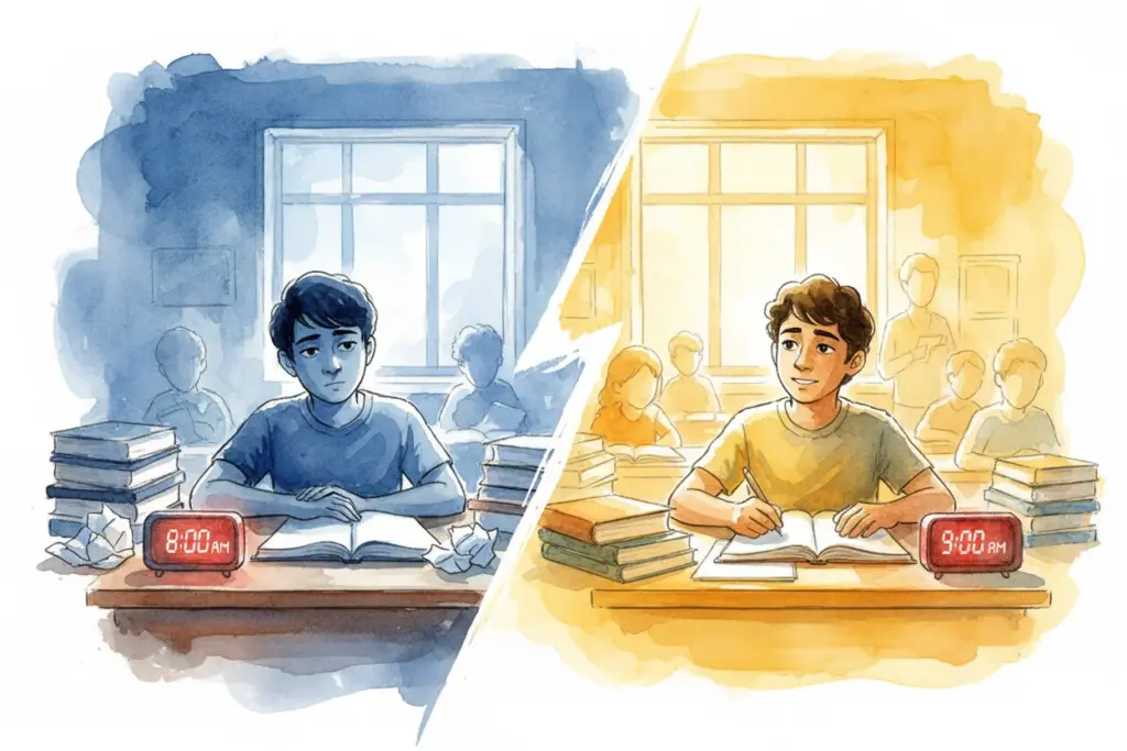 Illustration eines Kindes morgens um 8:00 Uhr im Klassenzimmer, das müde aussieht, und eines Kindes abends um 9:00 Uhr, das motiviert lernt, zeigt den Einfluss des späteren Schulbeginns auf das Lernverhalten.