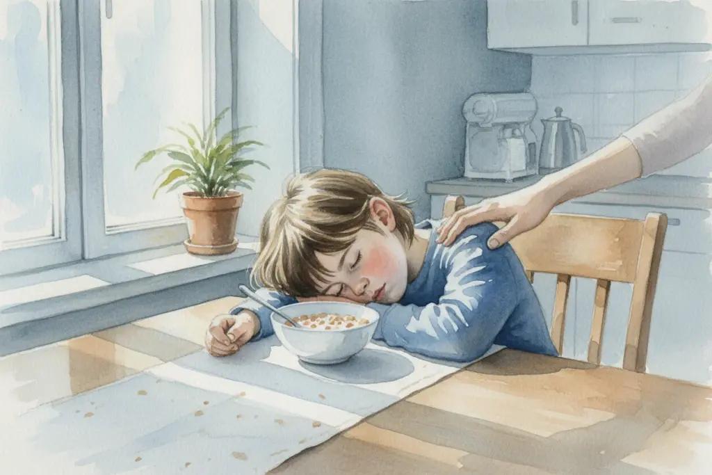 Ein Junge ist am Frühstückstisch neben seiner Müslischale eingeschlafen, während eine elterliche Hand sanft die Schulter berührt um das Kind zu wecken. Morgenlicht strömt durch das Fenster neben einer Zimmerpflanze.