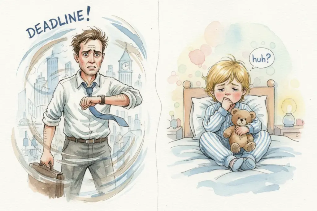 Gestresster Vati muss zur Arbeit, schaut nervös auf die Uhr am Handgelenk, während sein Kind gerade aufgewacht im Bett sitzt mit einem Kuscheltier im Arm.