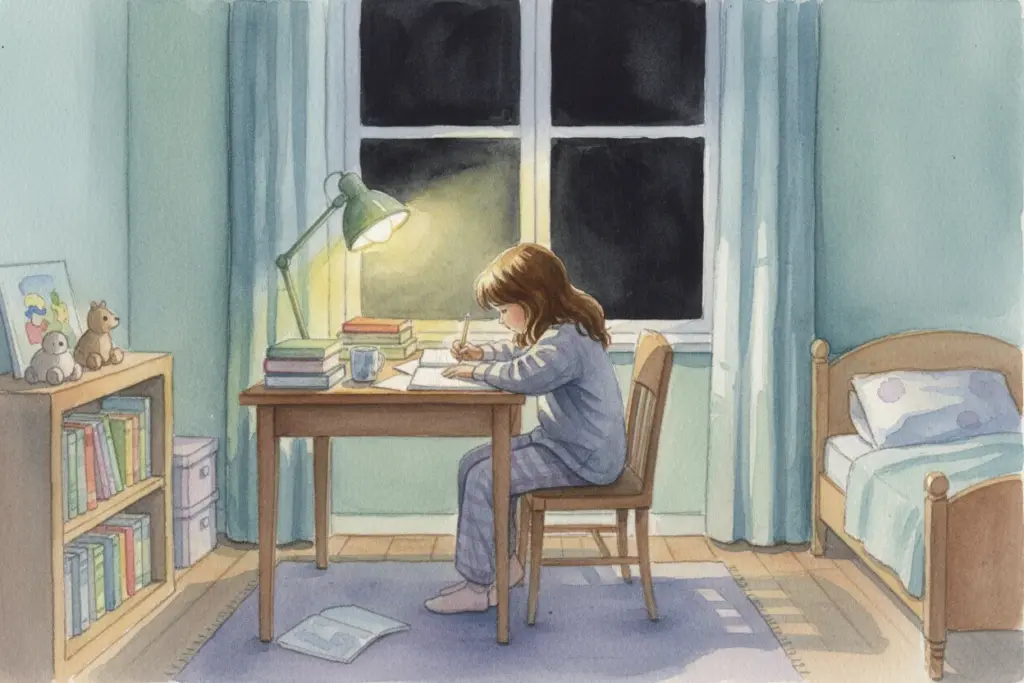 Mädchen in Pyjama schreibt Hausaufgaben an einem Schreibtisch in ihrem Schlafzimmer bei Schreibtischlampenlicht, spät am Abend.