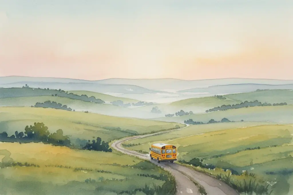 Gelber Schulbus fährt auf einer kurvigen Landstraße durch weite, grüne Hügellandschaft bei Sonnenaufgang-