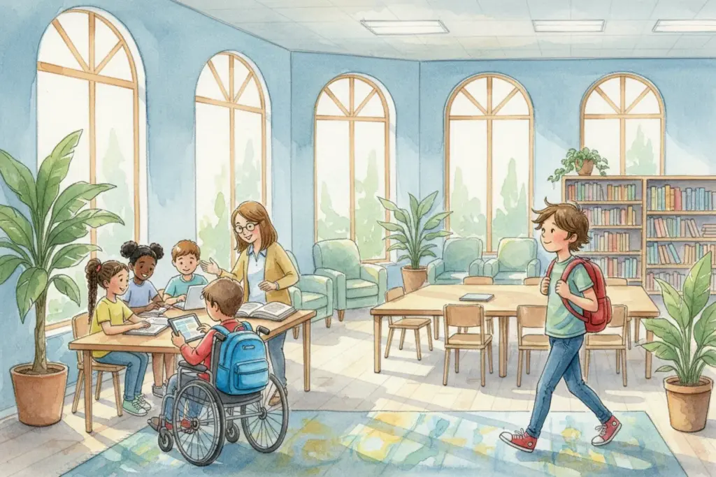 In einem hellen Klassenzimmer arbeitet eine Gruppe von Kindern unterschiedlichen Alters mit einer Lehrerin zusammen. Ein Kind im Rollstuhl nutzt ein Tablet, während andere in Gespräch vertieft sind. Ein Schüler mit Rucksack nutzt die Schulgleitzeit und betritt das Klassenzimmer erst jetzt zur zweiten Stunde.