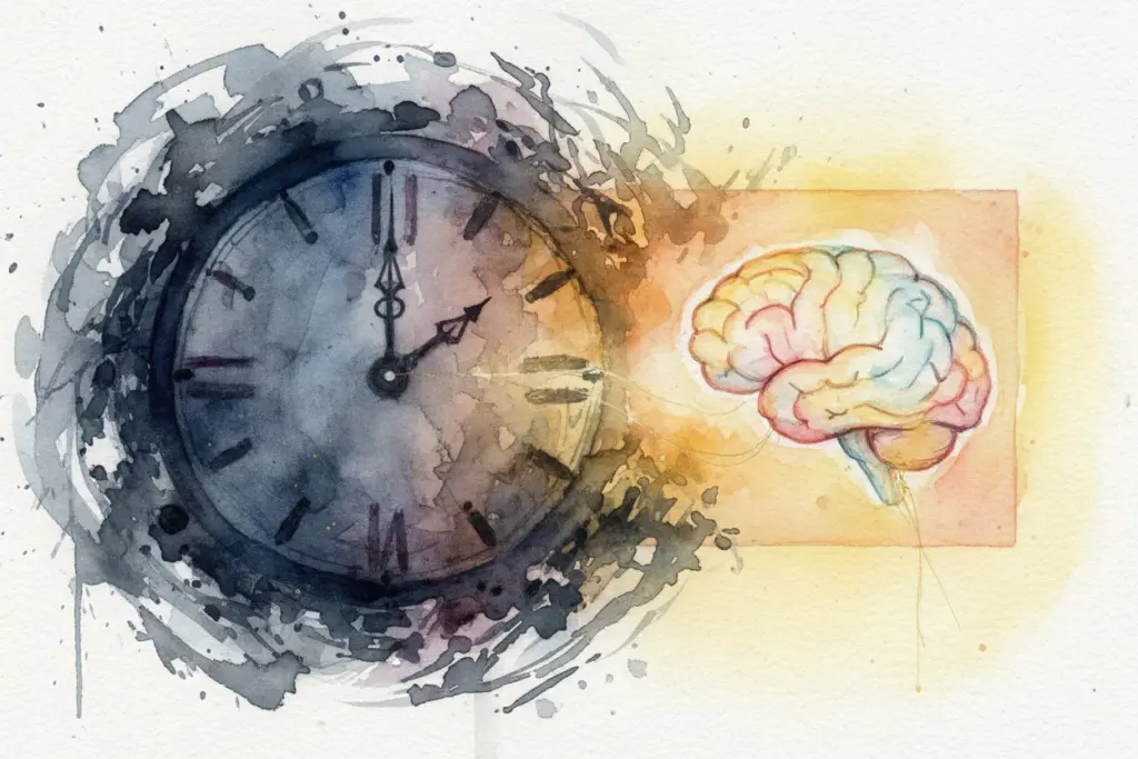 Aquarell-Bild einer dunklen Uhr und eines farbenfrohen, leuchtenden Gehirns, symbolisiert die Verbindung zwischen Biorhythmus und Konzentration.