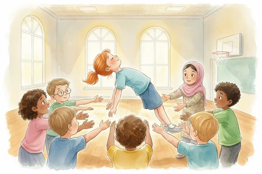 Kinder spielen in einem hellen Raum ein Vertrauensspiel, bei dem ein Mädchen sich rückwärts in die Arme der Gruppe fallen lässt.