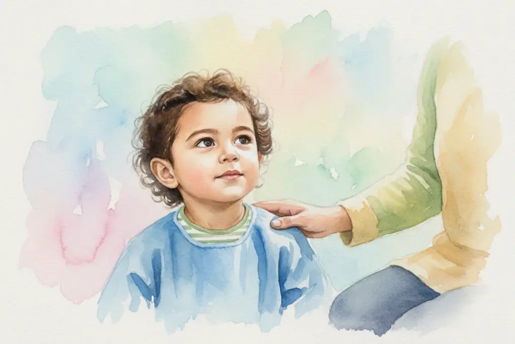 Gemaltes Bild eines kleinen Kindes mit lockigem Haar, das vertrauensvoll schaut, während eine erwachsene Hand sanft seine Schulter berührt. Symbolisiert das Urvertrauen.