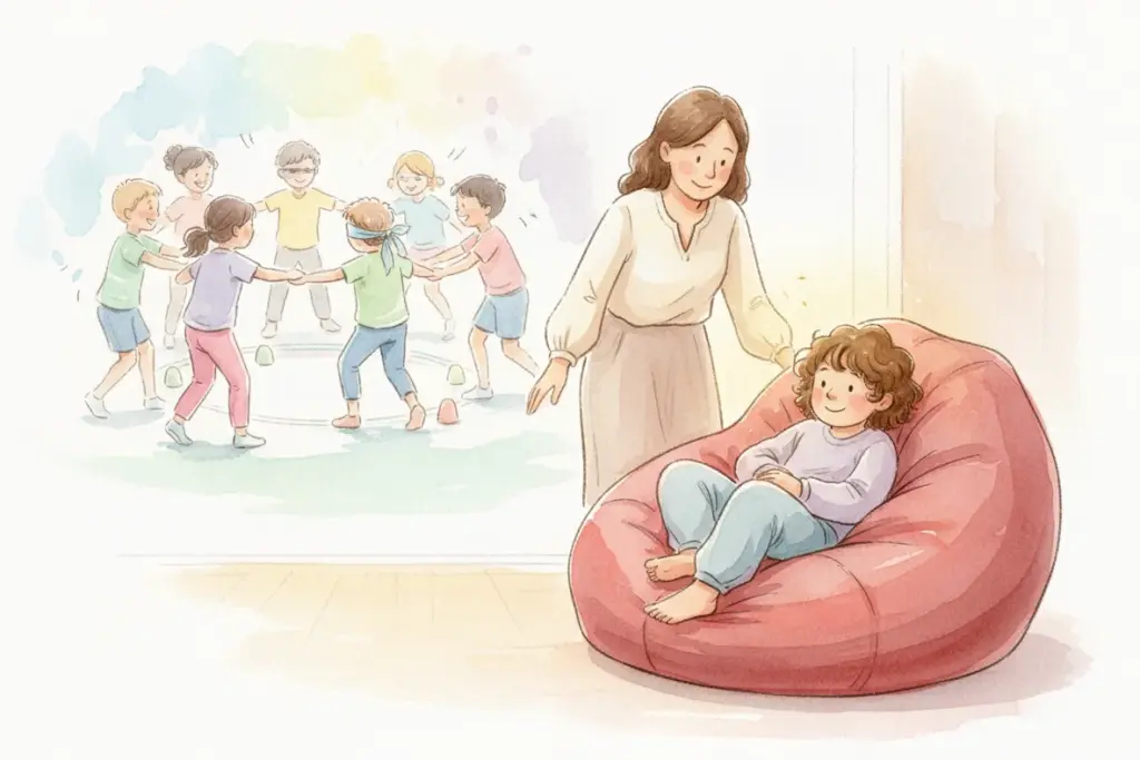 Eine Kindergärtnerin unterstützt ein Kind, das auf einem Sitzsack sitzt, während andere Kinder im Hintergrund ein Vertrauensspiel spielen.