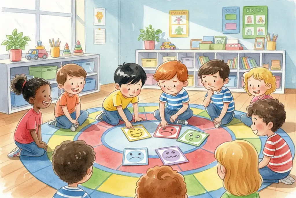 Kinder in einem Kindergarten sitzen auf einem bunten Teppich im Kreis. Sie beschäftigen sich mit verschiedenen Emotionskarten, um Gefühle zu erkunden und soziale Fähigkeiten zu entwickeln. Im Hintergrund sind Spielzeug und Regale zu sehen.