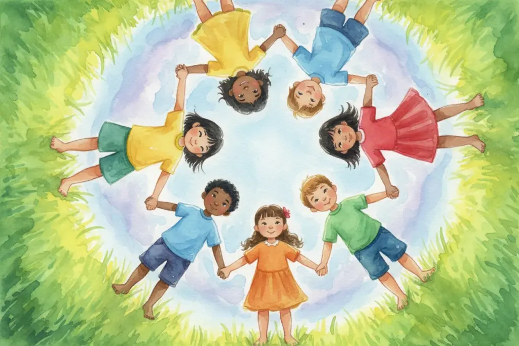 Fröhliche Kinder halten sich an den Händen und bilden im Freien einen Kreis, symbolisieren Vielfalt und Gemeinschaft in der frühkindlichen Entwicklung.