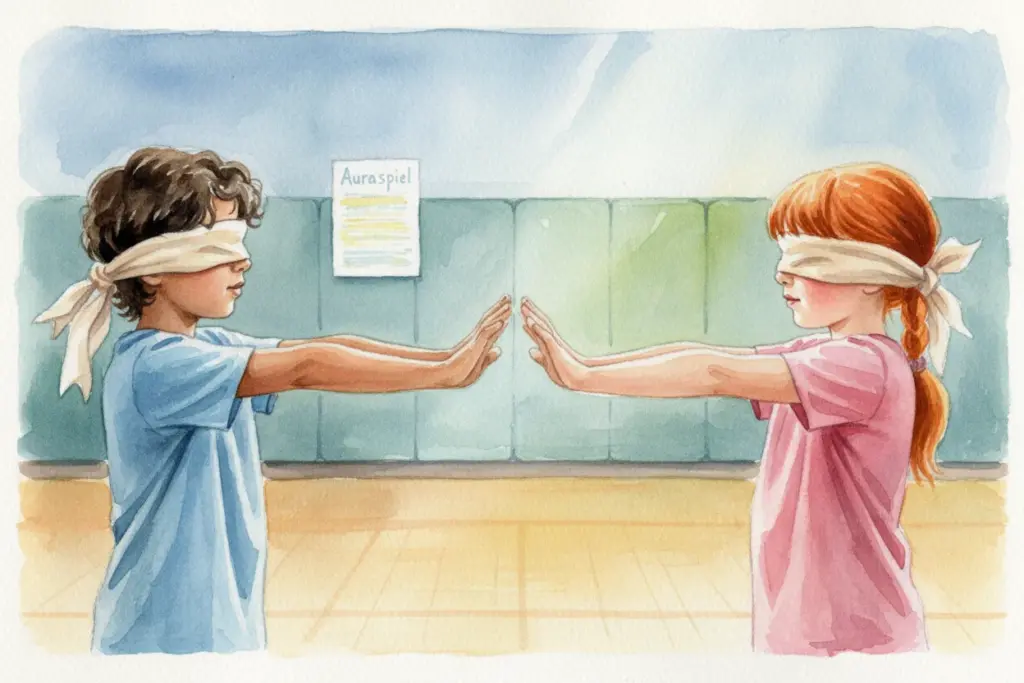 Zwei Kinder mit verbundenen Augen stehen sich in einem Spielraum gegenüber und strecken die Hände im Auraspiel aus.