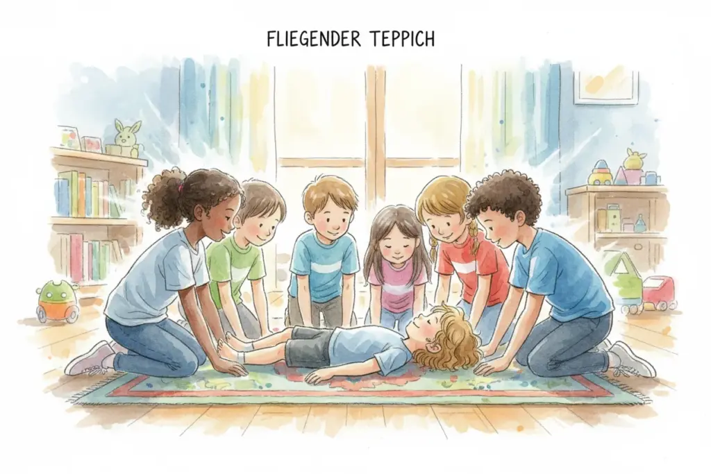 Kinder sitzen in einem hellen Raum im Kreis um einen entspannt auf dem Teppich liegenden Jungen.