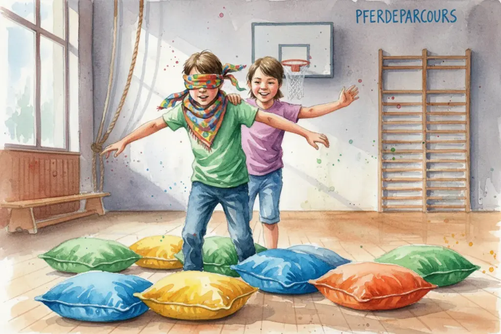 Zwei Kinder in der Turnhalle; eines trägt eine Augenbinde und wird von einem anderem durch einen Parcours aus bunten Kissen gelenkt.