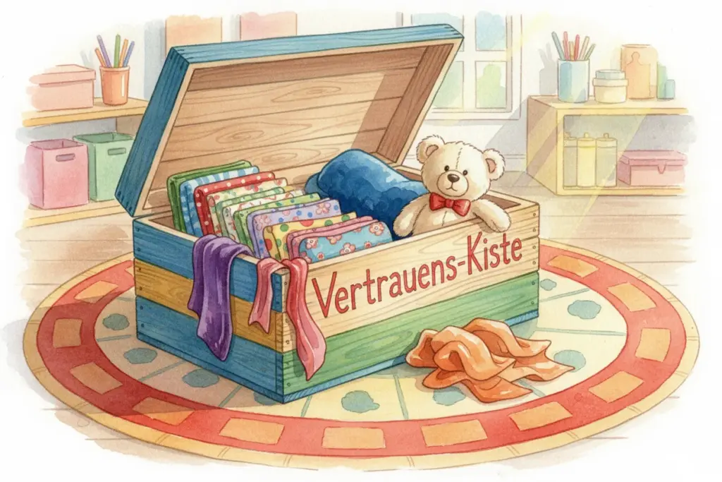 Holzkiste mit der Aufschrift „Vertrauens-Kiste“ in einem farbenfrohen Raum, gefüllt mit bunten Stoffen, Augenbinden und einem Plüschbären, ideal für die Förderung von Vertrauen bei Kindern.