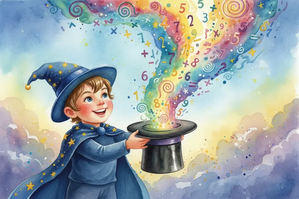 Ein fröhliches Kind im Zauberergewand zaubert bunte Zahlen und Symbole aus einem Zylinder, die in den Himmel schweben, um Kreativität und Lernfreude in der frühkindlichen Mathematik zu symbolisieren.