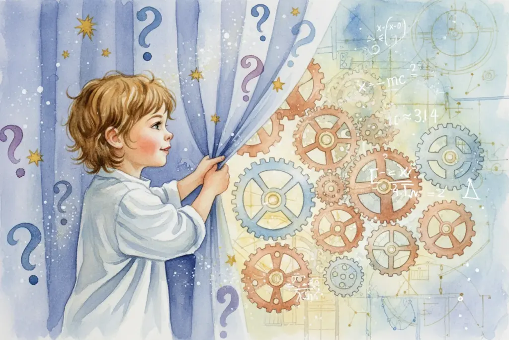 Kind zieht Zaubervorhang mit Fragezeichen zur Seite, dahinter werden  Zahnräder und mathematische Formeln sichtbar, symbolisiert die Logik und das Verständnis hinter dem Zauber.