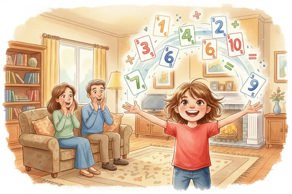 Kind löst wie ein Zauberer begeistert Mathematikaufgaben, während stolze Eltern im Wohnzimmer zuschauen; Förderung frühkindlicher mathematischer Fähigkeiten.