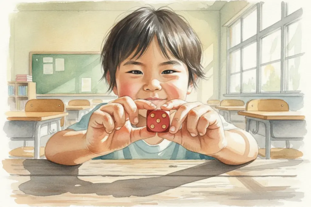 Ein Kind in einem Klassenzimmer hält einen roten Würfel, umgeben von Holztischen und leeren Stühlen. Es übt spielerisch die Partnerzahlen.