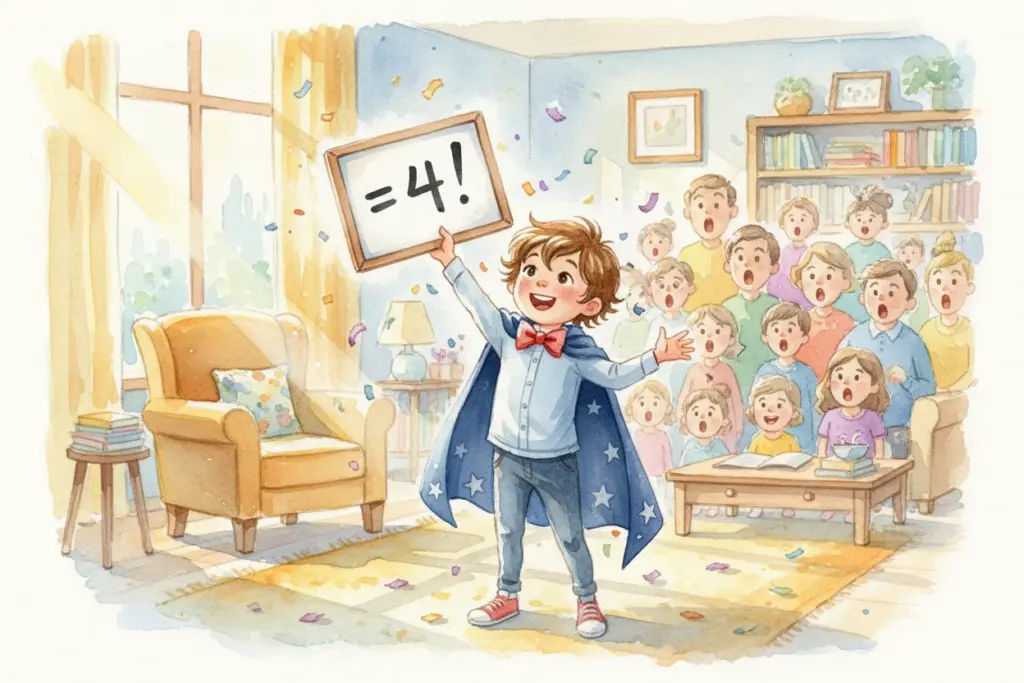 Ein Kind verkleidet als Zauberer präsentiert stolz als mathematische Lösung die Zahl 4 auf einem Schild, während eine Gruppe begeisterter Zuschauer im Wohnzimmer applaudiert.