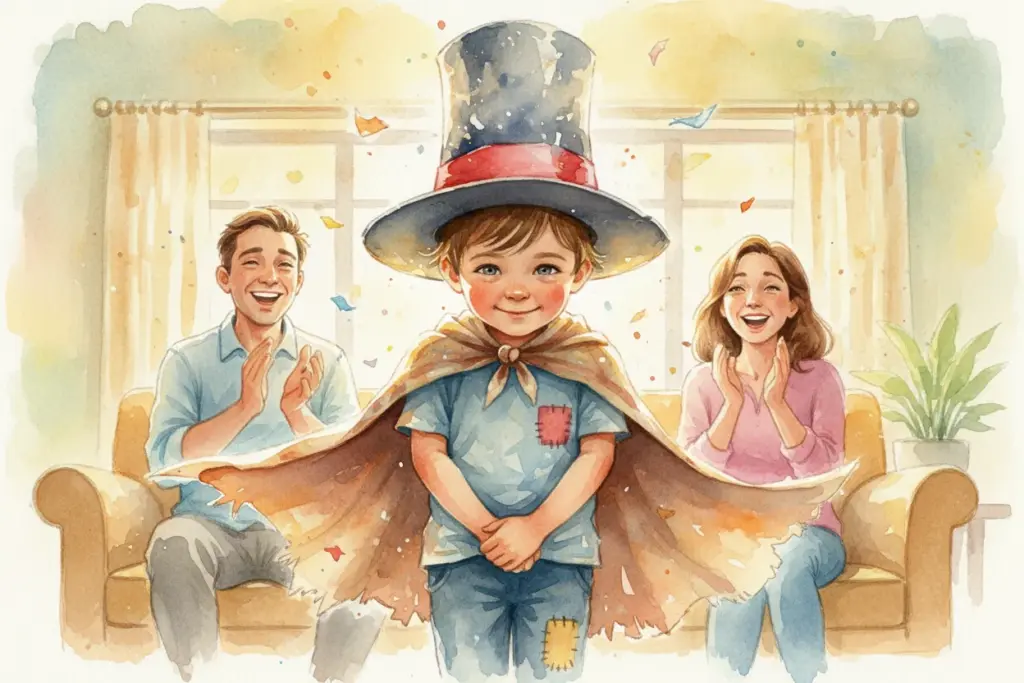 Ein Kind mit Zauberhut und Umhang schaut stolz in ie Kamera, während seine Eltern lächelnd auf dem Sofa sitzen und applaudieren, in einem hellen Wohnzimmer mit Pflanzen im Hintergrund.