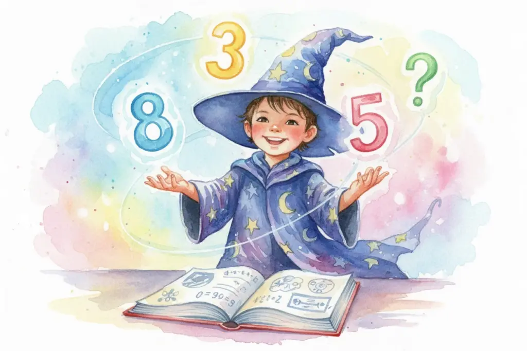 Junge in Zauberergewand jongliert mit Zahlen über einem aufgeschlagenen Buch, das verborgene Muster in Zahlenfolgen zeigt.
