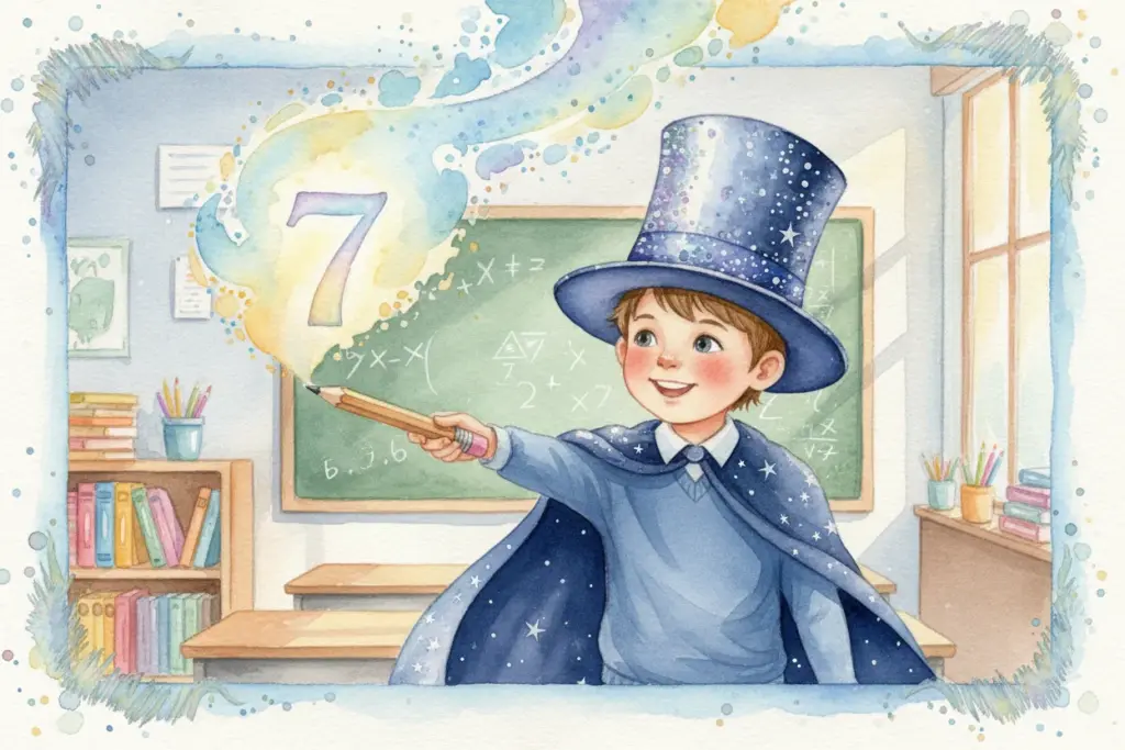 Junge in Magierkostüm zeigt mit einem Zauberstab auf die Zahl sieben, umgeben von magischen Effekten in einem Klassenzimmer voller Bücher und einer Tafel.