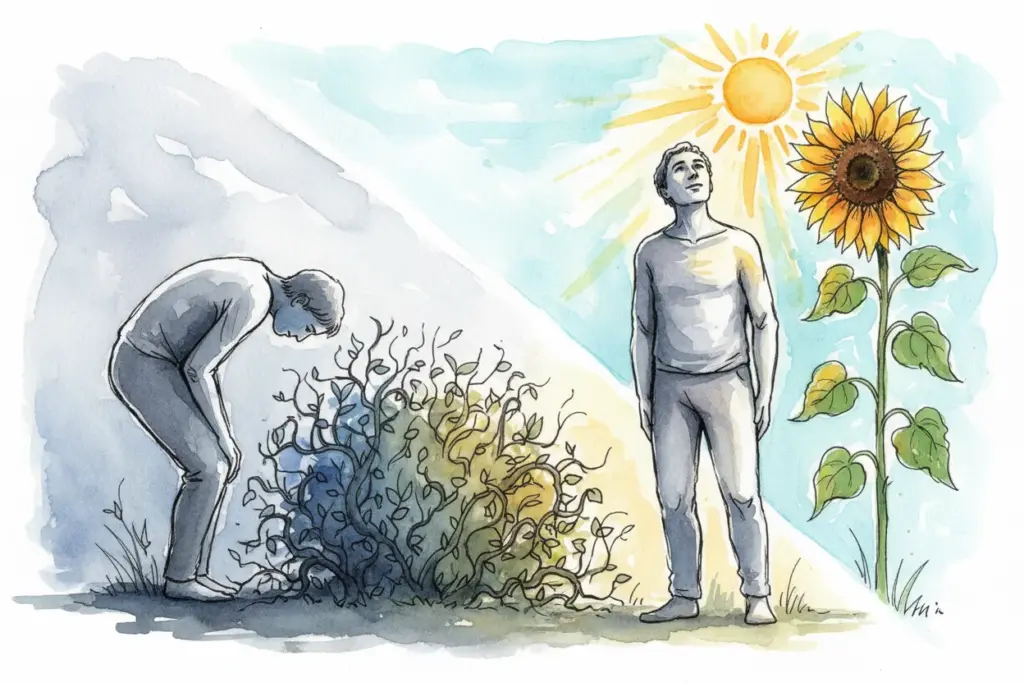 Illustration eines Mannes in zwei Szenarien; links gebeugt vor verdorrten Pflanzen im Schatten, rechts aufrecht neben einer blühenden Sonnenblume im Sonnenschein, symbolisiert Wachstum und Optimismus. Symbolisiert das Verhältnis von Pathogenese zur Salutogenese.