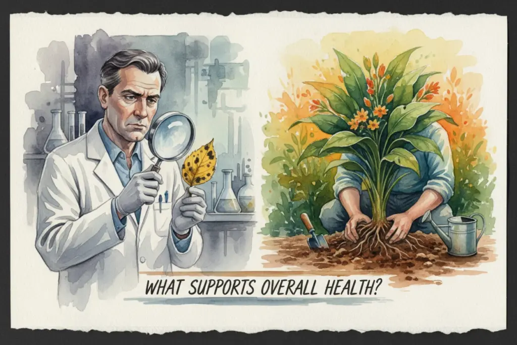 Ein Wissenschaftler untersucht ein krankes Blatt im Labor, während daneben jemand eine gesunde Pflanze im Garten pflegt.