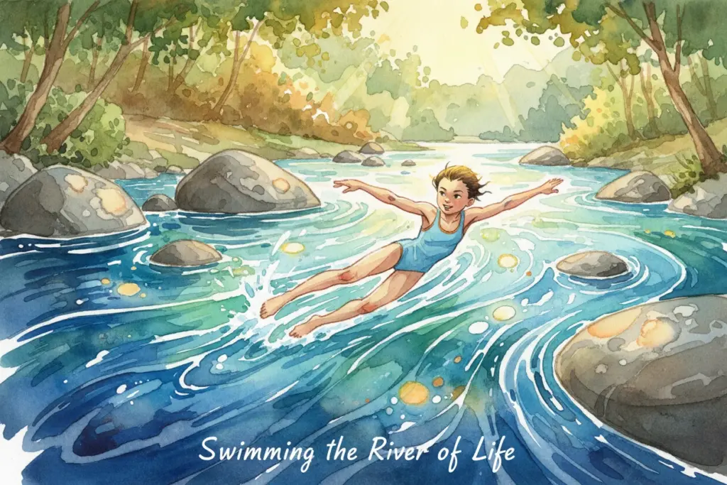 Kind schwimmt in einem malerischen Fluss, umgeben von grüner Natur, aber mit Felsen am Ufer und Steinen im Wasser. Symbolisiert einen guten Schwimmer im Fluss des Lebens.