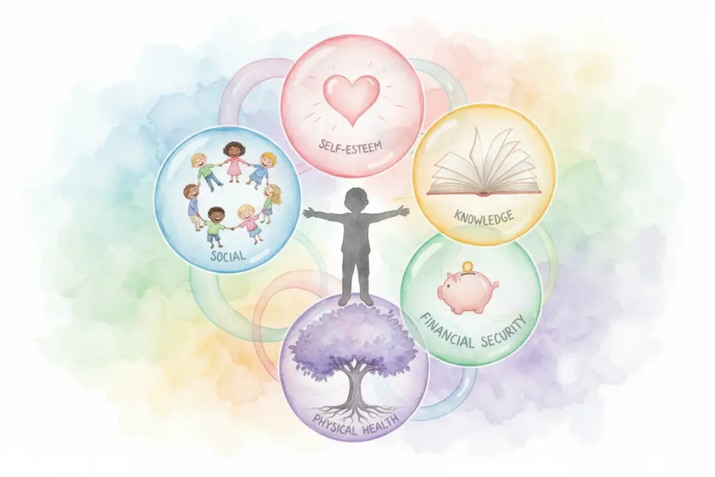 Illustration eines Kindes, umgeben von fünf Ressourcen: Selbstwertgefühl, Wissen, finanzielle Sicherheit, soziale Beziehungen und körperliche Gesundheit, dargestellt durch farbige Kreise mit Symbolen.